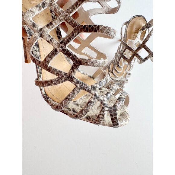 SCHUTZ Julianna Grey Python Snake Leather Strappy High Heel Cage Sandals, Size 5 - Picture 6 of 16